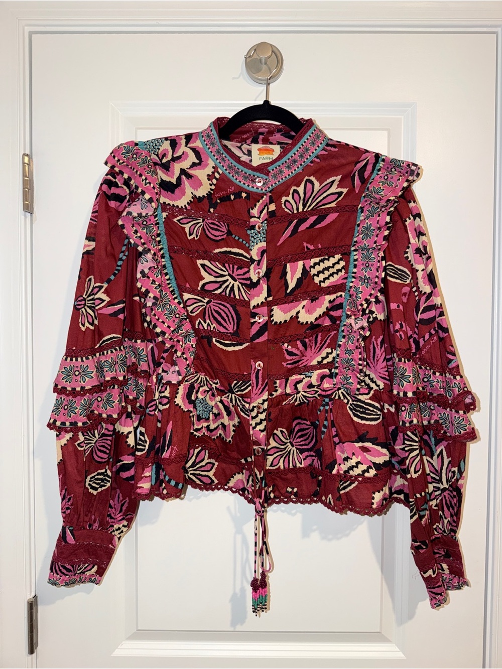 FARM Rio Boho Floral Ruffle Peplum Top - Burgundy Pink - Picture 5 of 11